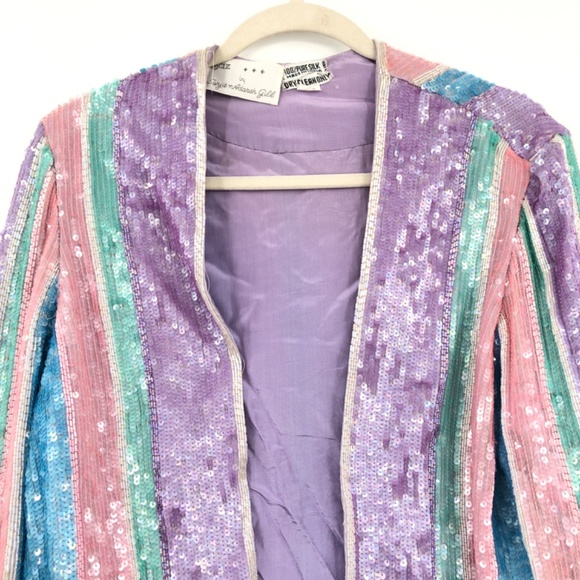 Saz Silk Sequin Jacket Pastel Colors Disco Stripes Pink Purple Blue - Picture 2 of 12